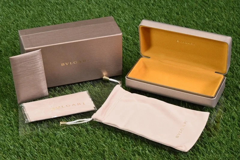 BVLGARI Eyeglasses Case Sunglass Case Gold W Pouch & Cloth New In Gift Box
