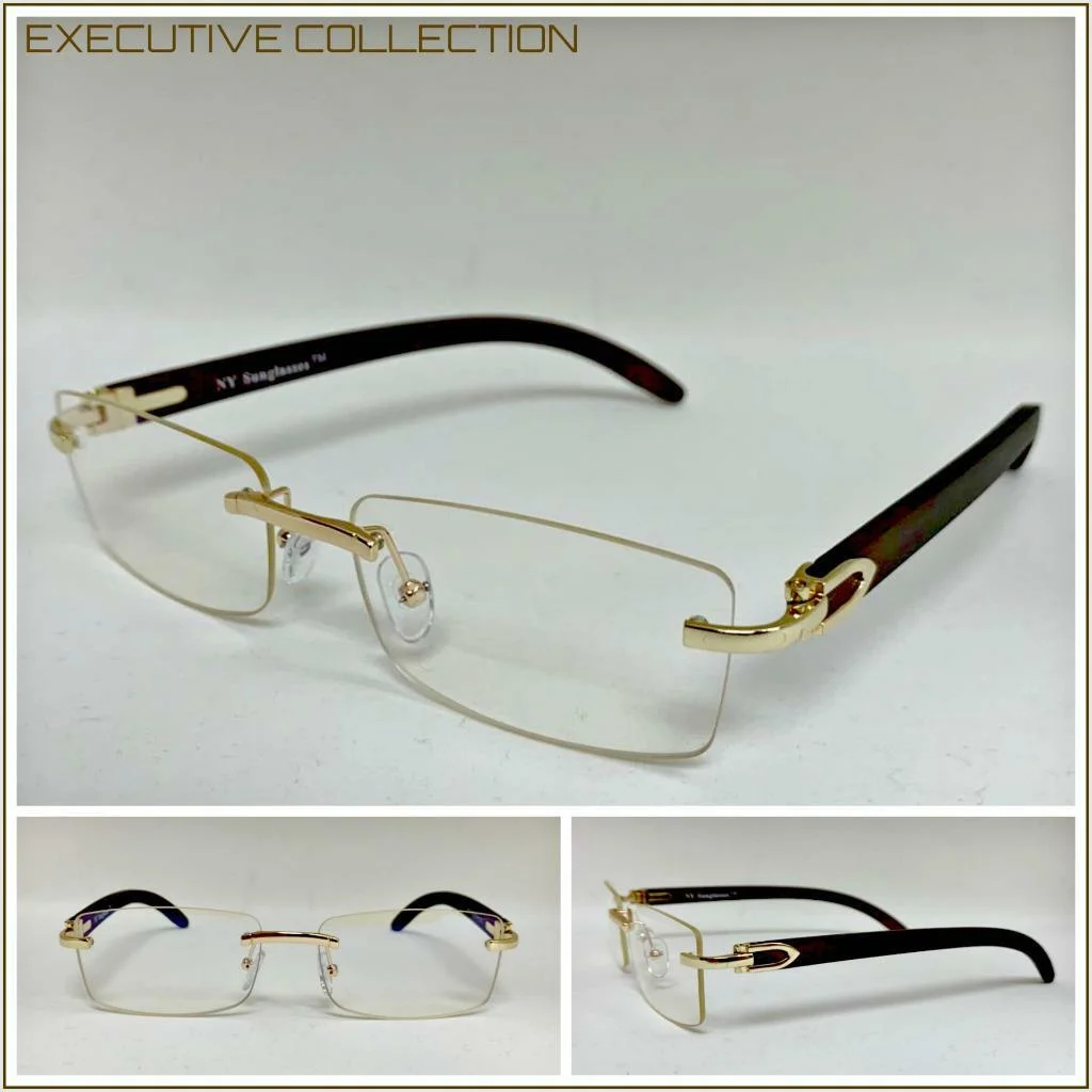 Mens CLASSY SOPHISTICATED ELEGANT Clear Lens EYE GLASSES Rimless Gold Wood Frame