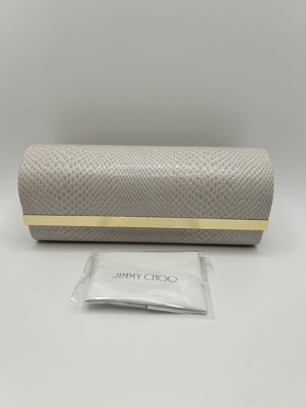 NEW JIMMY CHOO BEIGE TAN SNAKESKIN AUTHENTIC EYEGLASSES SUNGLASSES CASE W/CLOTH